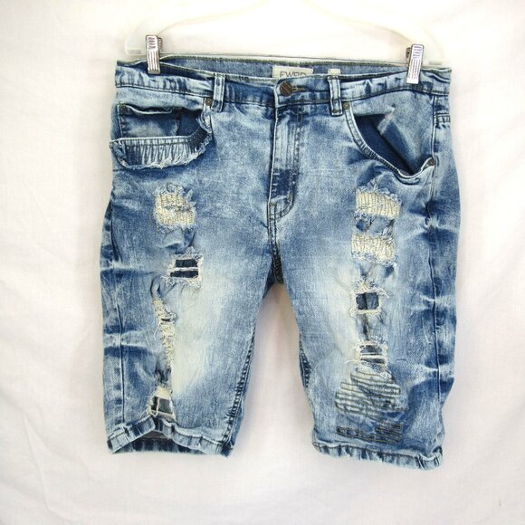 FWRD Denim 32 Men's Distressed Patchwork Factory Faded  11" Inseam Jean Shorts - Picture 1 of 9